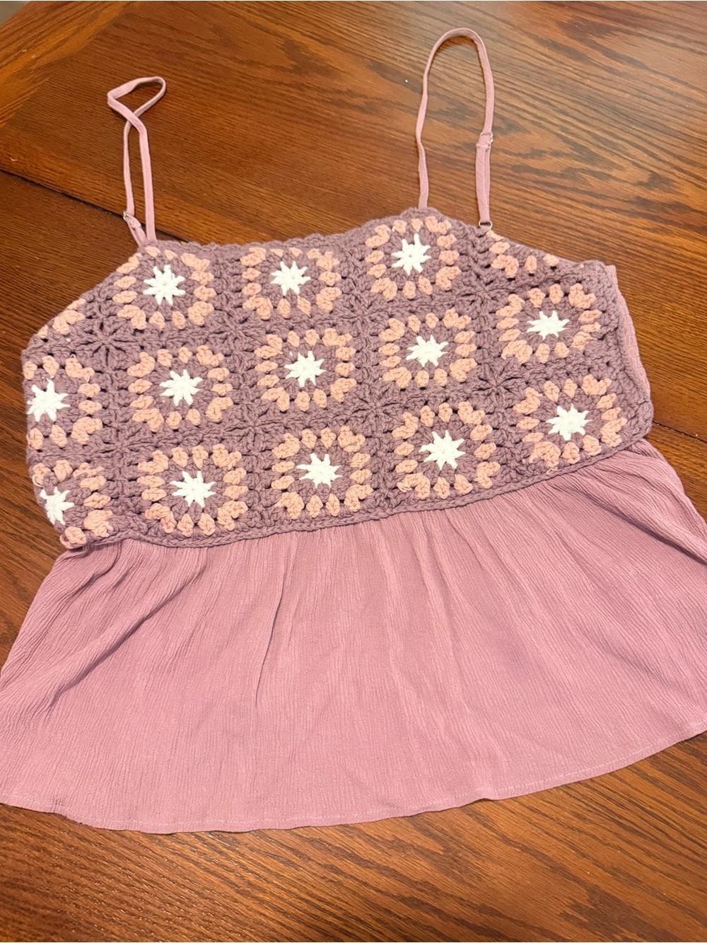 Women’s Pink Lily Granny Crochet Babydoll Gauze Tank Top Mauve Pink